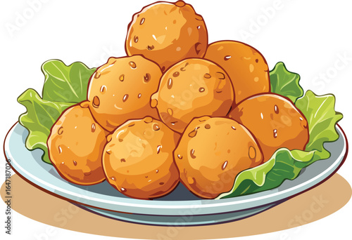 Plate of crispy golden fried snacks served on lettuce, delicious for appetizer or street food illustration. Generative AI