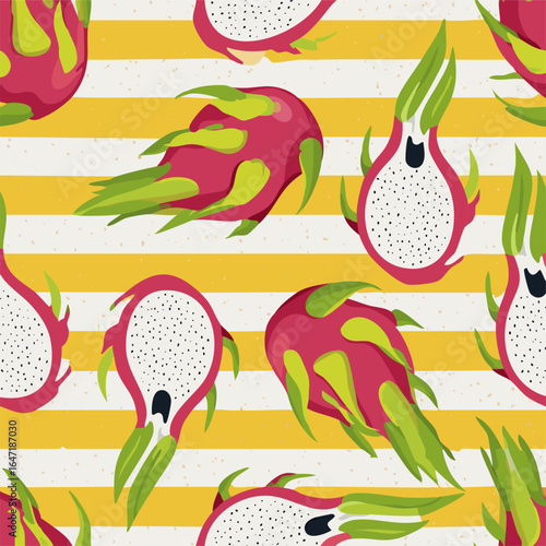 Seamless pattern with dragon fruits and tropical green leaves on a yellow and white striped background. Ideal for textiles, packaging, wallpaper, and summer decor