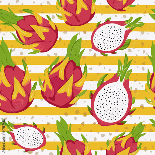 Seamless pattern with dragon fruits and tropical green leaves on a yellow and white striped background. Ideal for textiles, packaging, wallpaper, and summer decor
