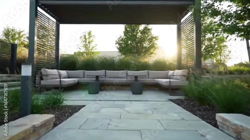 Backyard landscaping design ideas: modern patio with pergola and stone steps