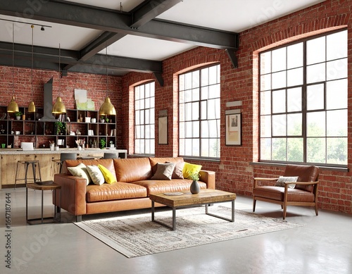 Bright industrial living room interior