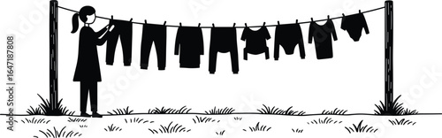 Silhouette of woman hanging clothes on clothesline, outdoor drying, grass field, minimal black and white artwork, home chores concept