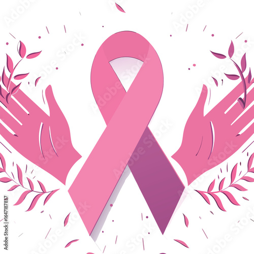 Pink Ribbon Supported By Hands And Floral Elements For Breast Cancer Awareness vector illustration
