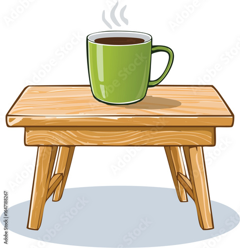 Wooden table with steaming green coffee cup, perfect for warm home or cafe interior design illustrations. Generative AI