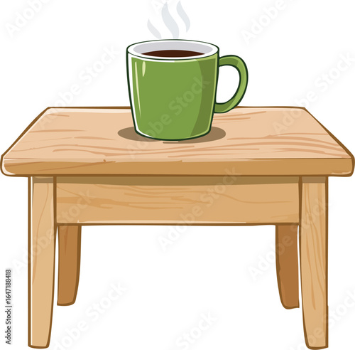 Wooden table with steaming green coffee cup, perfect for warm home or cafe interior design illustrations. Generative AI