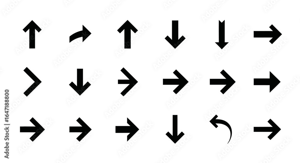 Collection of simple black arrow icons. A diverse set of vector symbols for indicating direction, navigation, and user interface guidance.