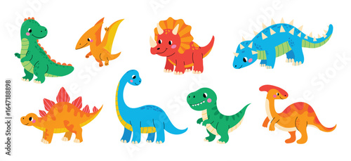 Cute dinosaurs collection. Prehistoric reptiles from Jurassic era. Friendly extinct animals for kids designs, posters, patterns. Vector illustration isolated on white background.