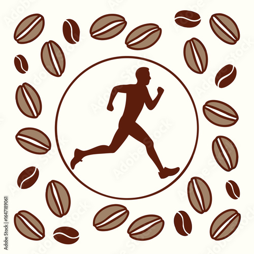 Silhouette of running person surrounded by coffee beans within a circle against white background