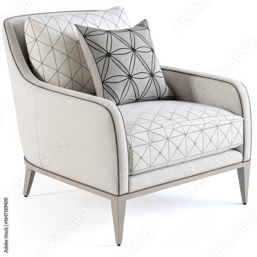 Elegant upholstered armchair with geometric patterns and decorative pillow, modern furniture design