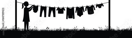Silhouette of woman hanging laundry, outdoor clothesline with garments, drying clothes in grass field, minimal black and white illustration