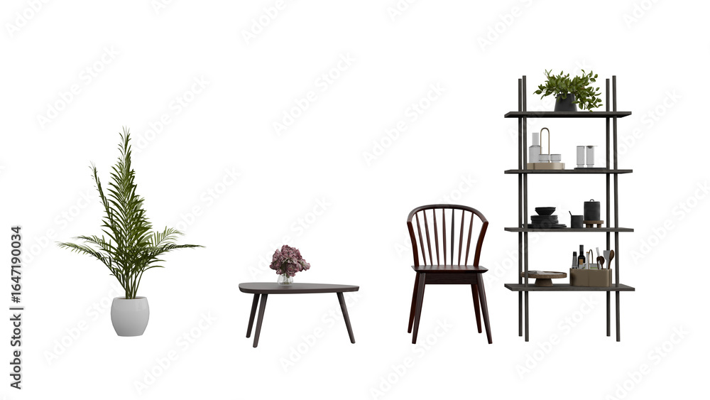 Fototapeta premium 3D Render a chair and a table with a potted plant