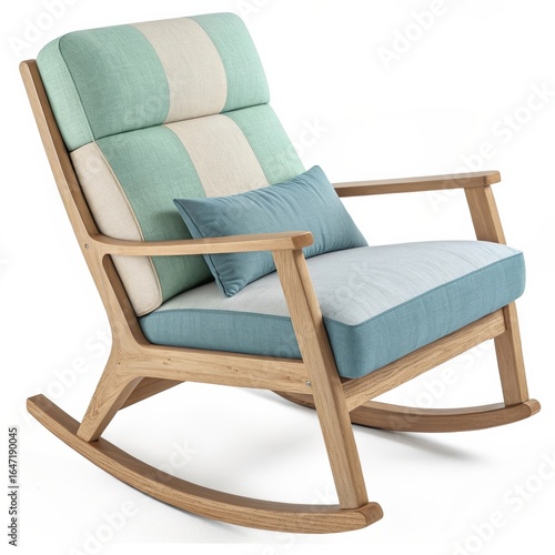 Stylish rocking chair with pastel upholstery and wooden frame, modern and comfortable design