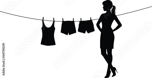 Silhouette of woman near clothesline, drying clothes outdoors, casual summer clothing, feminine figure, minimal style, black and white art