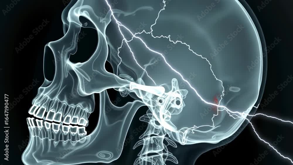 x-ray scan, skull fracture, brain injury. Head trauma. Skull cracks ...