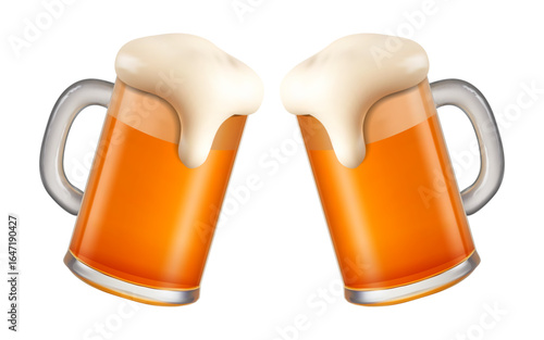 Realistic 3D vector illustration of two beer mugs toasting with foam on top, Beer, mug, toast, drink, beverage, alcohol, celebration, cheers, party, pub, lager, bar, frothy, realistic, 3d,golden,glass