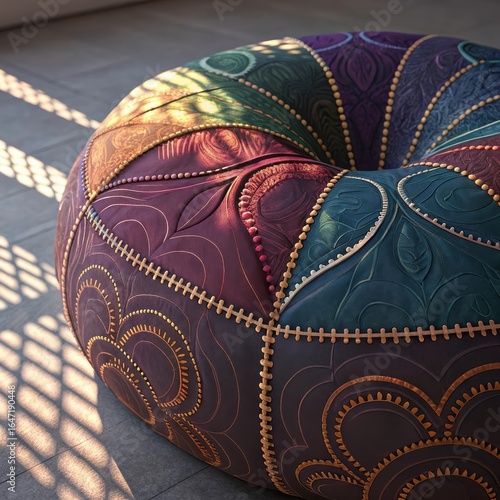 Elegant decorative pouf with intricate design and rich colors, stylish and luxurious seating option