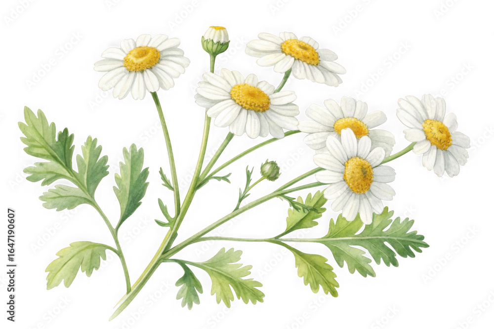 Obraz premium Delicate white daisy flowers with yellow centers and green leaves isolated on transparent background