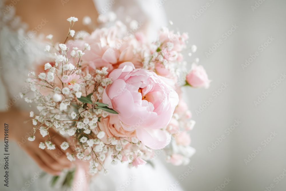 Fototapeta premium Bridal bouquet with peonies and baby's breath held by a bride
