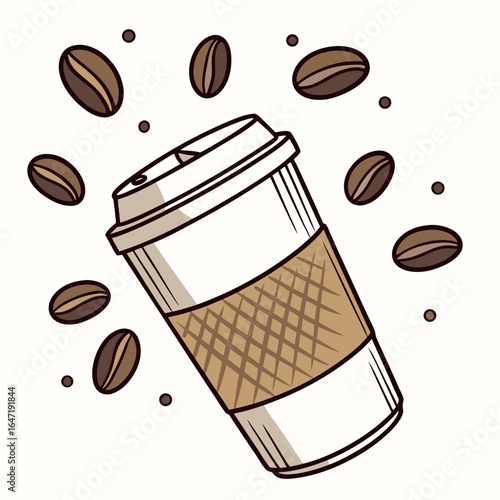 Floating coffee beans and a paper cup create a delicious and inviting warm beverage