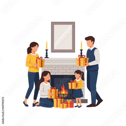 Family Gathering Around Fireplace with Gifts, Celebrating Holiday Together