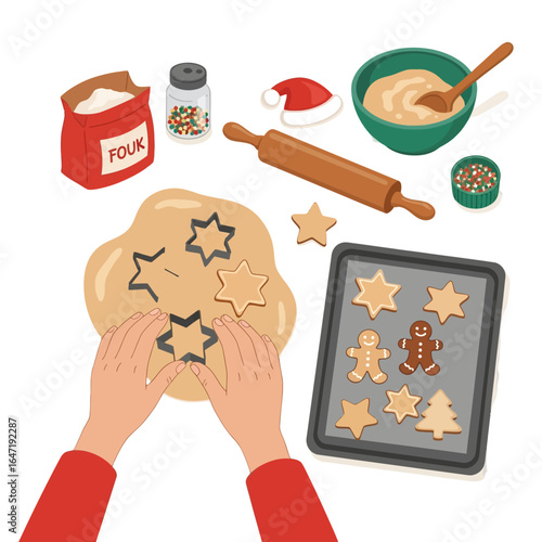 Festive Baking Scene: Cutting Star Cookies and Preparing Christmas Treats