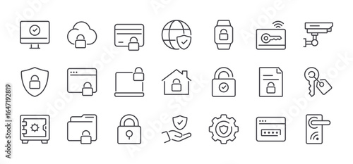 Set of Lock and Key Line Icons. Editable Stroke. Pixel Perfect.