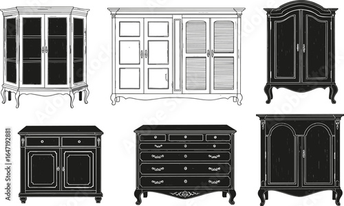 Vintage cabinet and cupboard collection, antique storage furniture design, classic home decor, retro wooden wardrobe, elegant drawers, decorative interior illustration set