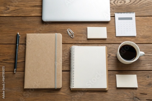 Wooden Desk with Monochrome Stationery: Overhead view of wooden desk, minimal stationery in neutral tones, coffee mug, clean and airy