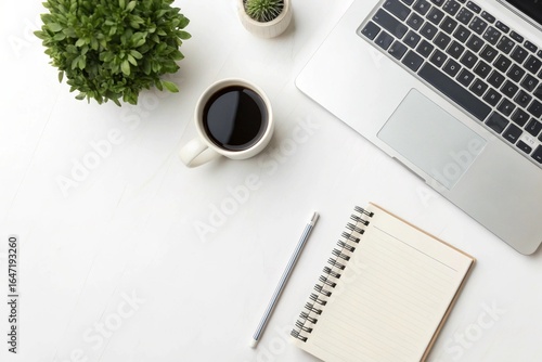 Desk with Green Plant Corner: Flat lay of a small green plant, notebook, coffee mug, and laptop with plenty of white space