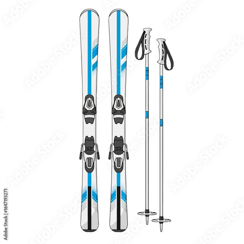 Sleek white skis with blue stripes and black bindings, accompanied by matching ski poles.