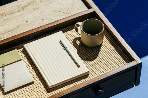 Wooden Desk with Monochrome Stationery: Overhead view of wooden desk, minimal stationery in neutral tones, coffee mug, clean and airy