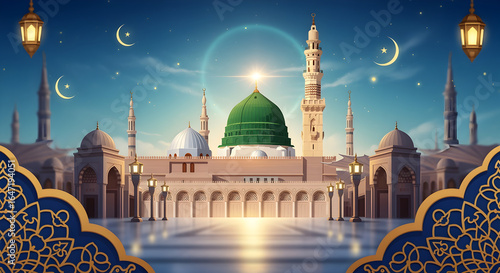 Milad un Nabi Maulid or Mawlid al Nabi Islamic background banner with Madina dome gold glow in night