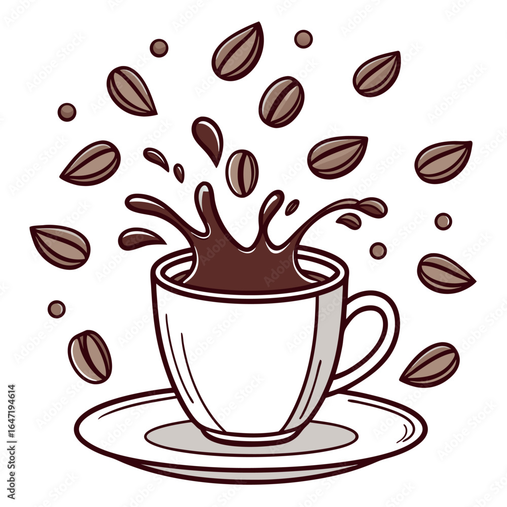 Obraz premium Coffee Beans Falling into a Splashing Coffee Cup