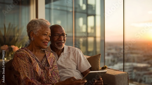 Modern apartment living elderly couple enjoys tablet at sunset in intimate setting