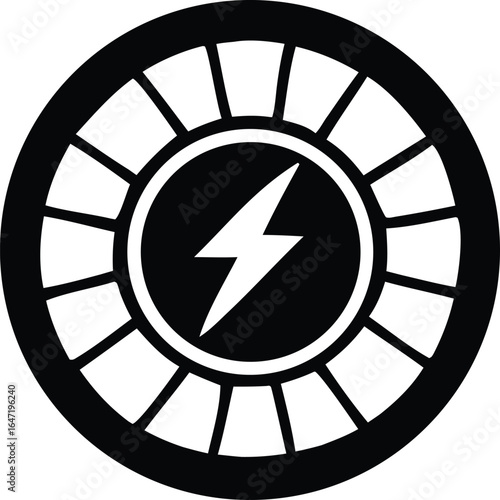 Bold black and white circular emblem featuring a powerful white lightning bolt at its center