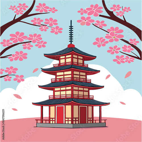 Detailed pagoda stands majestically amid cherry blossom trees in a serene landscape creating a peaceful atmosphere
