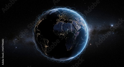 Earth at Night with Network Lines in Space.