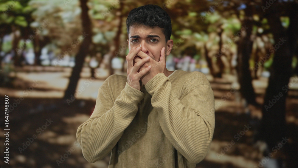Man hands raise in outdoor scene as young hispanic fearful scared sweater guy reacts to sudden noise. Man hands raise in outdoor scene as young hispanic fearful scared sweater guy reacts to sudden noise.