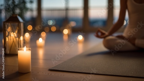 Evening meditation session with candles cozy home lifestyle tranquil environment serene viewpoint