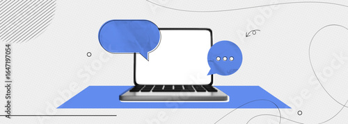 Trendy Halftone Collage Computer laptop with speech bubble messages. Social media communication. Online chat or forum. Discussion and feedback. Contemporary vector illustration art