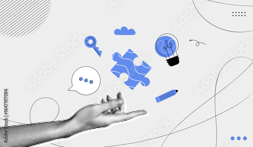 Trendy Halftone Collage Logic and critical thinking. Cognitive strategy for mind. Hand with puzzle, lightbulb, key and pencil. Idea of creativity. Contemporary vector illustration art