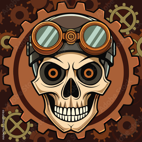 Steampunk Skull with Goggles and Gears Background mechanical