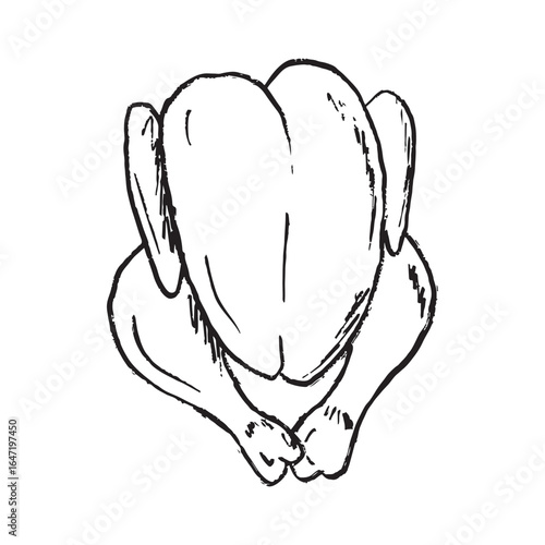 Chicken carcass crayon drawing in black brush stroke texture isolated on white. Hand drawn vector sketch illustration in vintage charcoal ink. Package design, farm culture, meat product