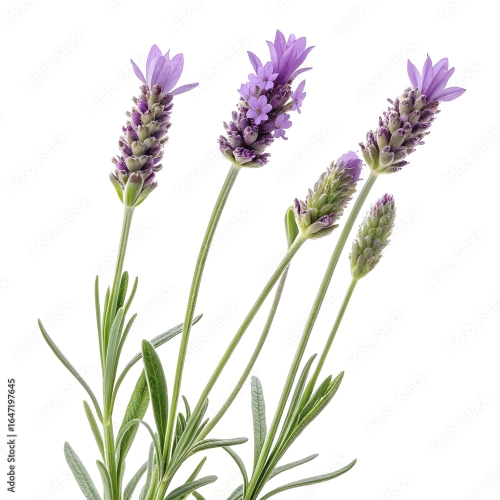 Naklejka premium Spanish Lavender Distinctive Purple Flowering Spikes with Showy Upright Petal Bracts and Silvery Green Leaves on Pure White Background for Stylish Botanical Decor and Mediterranean Nature Design