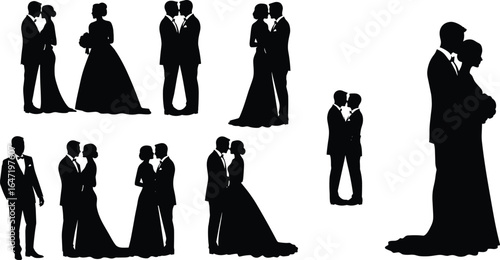 Wedding couple silhouette vector, bride and groom love pose, same sex wedding art, romantic marriage moment, formal bridal illustration