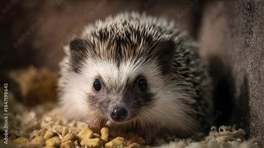 Fototapeta premium A curious hedgehog chewing on kibble in a cozy softly lit habitat