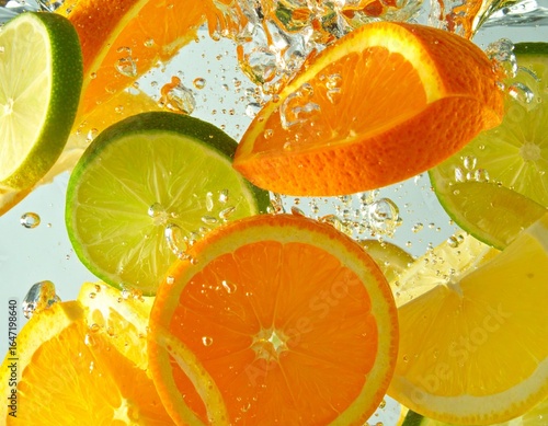 Fresh citrus fruit slices of orange and lime splashing into clear, sparkling water, creating bubbles and a refreshing background.