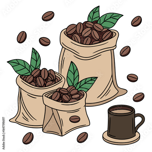 Three burlap bags overflowing with coffee beans and leaves beside a full mug are visible