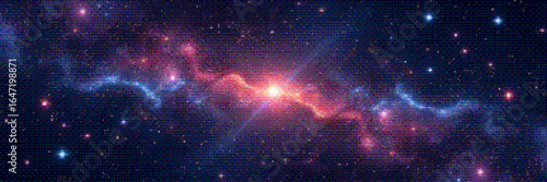 Pixelated amazing huge glowing nebula and distant pulsar radiates intense light. Panoramic deep space scene background in vintage pixel art style with dithering 8-bit retro effect. Vector illustration