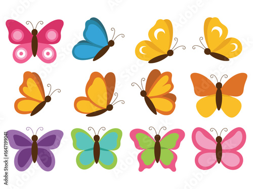 A vibrant collection of cute cartoon butterflies in various colors and flying positions